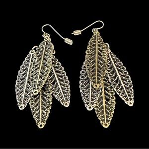 Leaf Shaped Dangle Earrings Two Tone Gold Silver